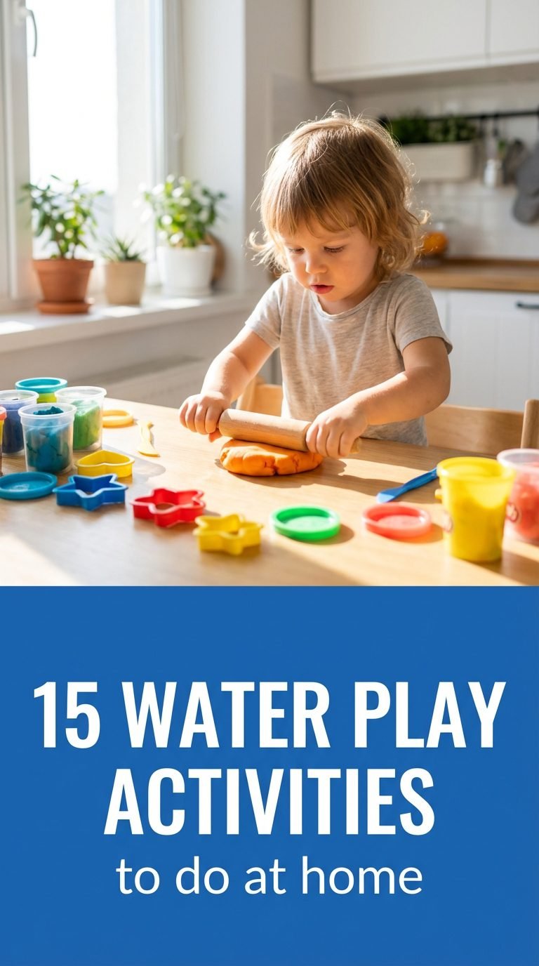 Toddler creating shapes with colorful play dough at a kitchen table