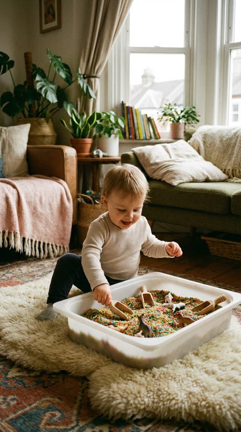 Toddler playing with sensory materials in a cozy living room