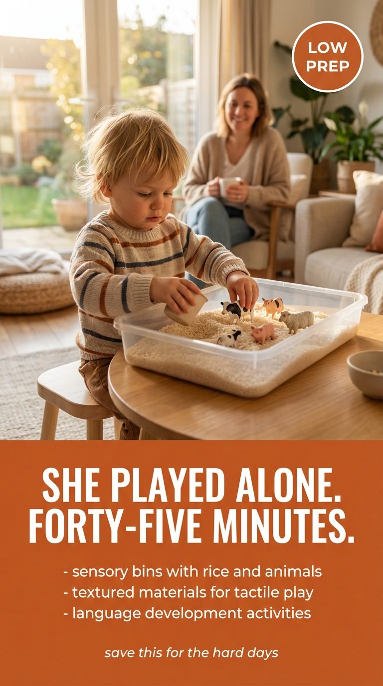 Calm toddler engaged with a sensory bin activity — how sensory play helps toddler language