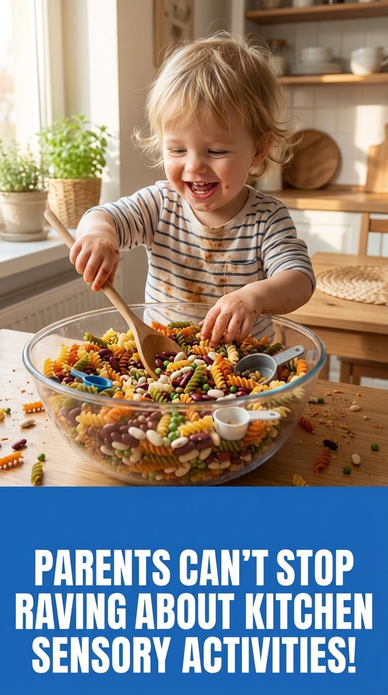 Toddler mixing colorful pasta in a bowl — kitchen sensory activities toddlers using food