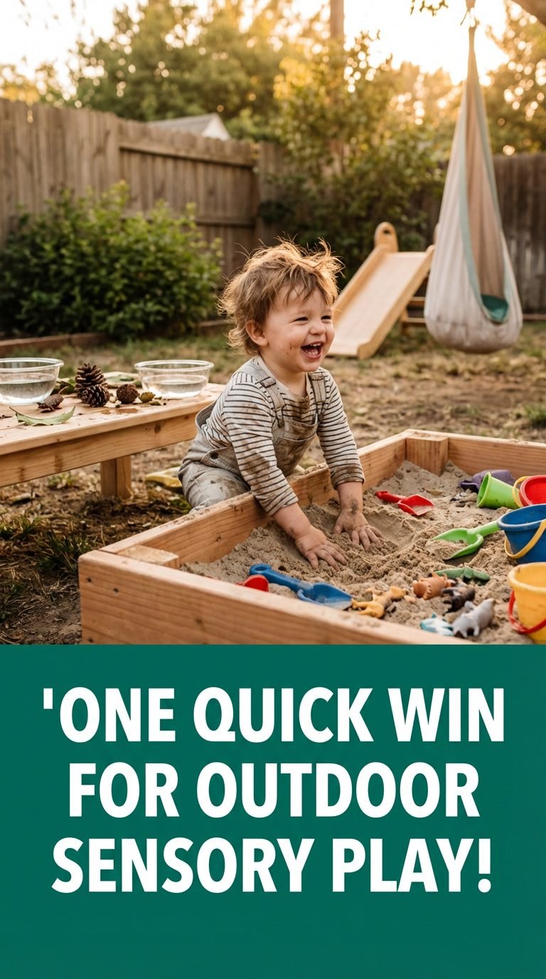 Toddler happily playing in a sensory bin in the backyard — outdoor sensory play toddlers backyard