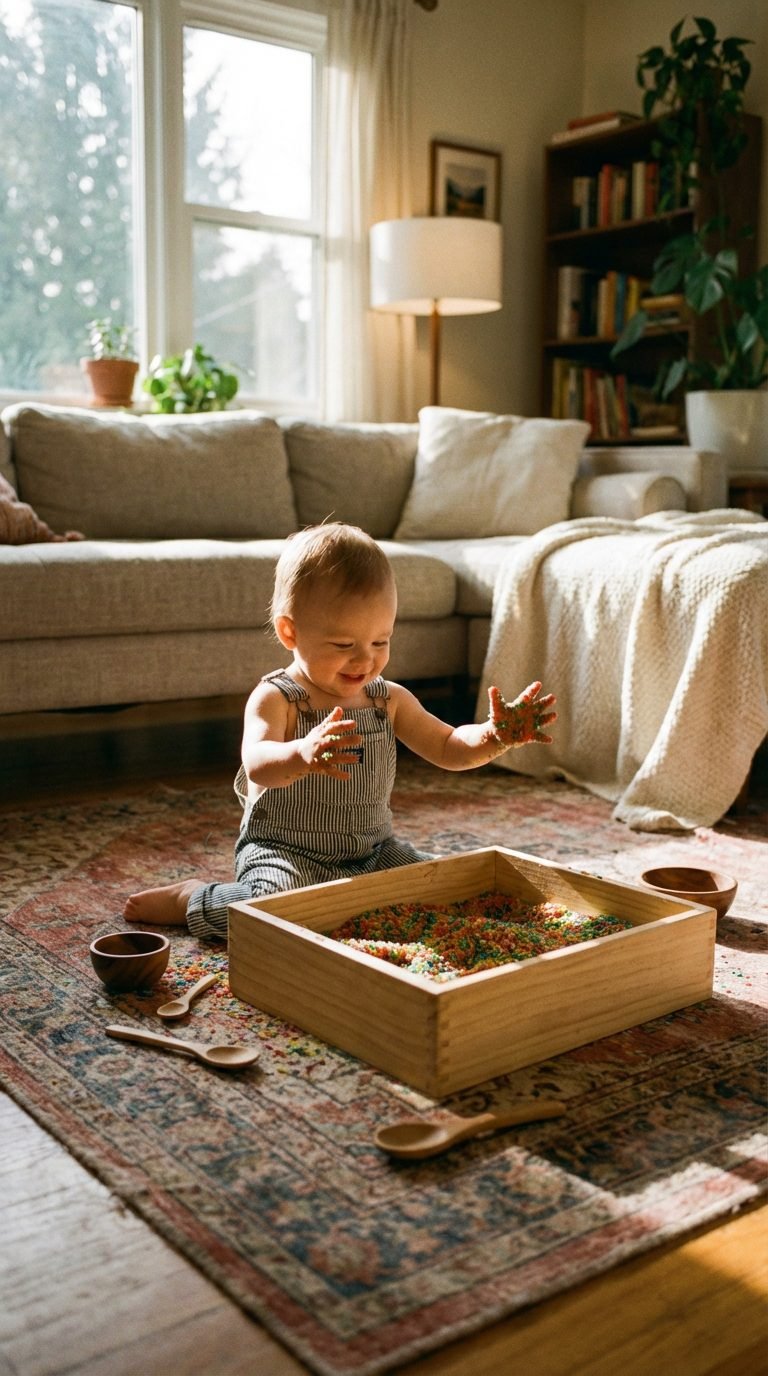 Child playing with sensory bins for 1-year-olds — sensory bins for 1-year-olds what to use