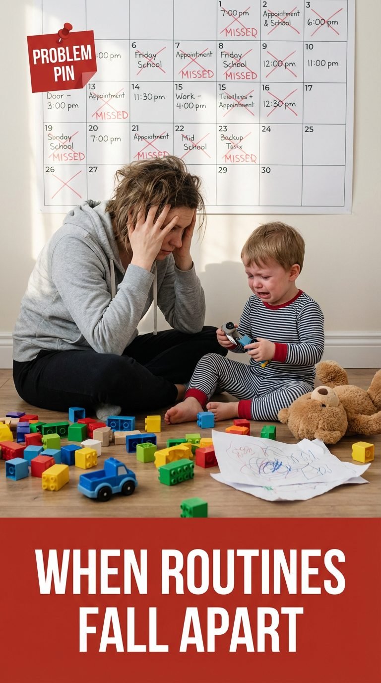 Frustrated parent and child surrounded by scattered toys