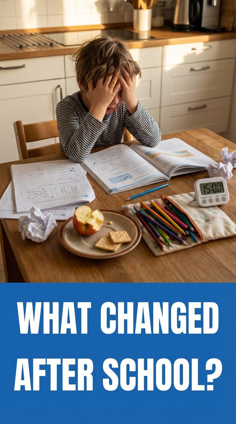 Child overwhelmed with homework and snack
