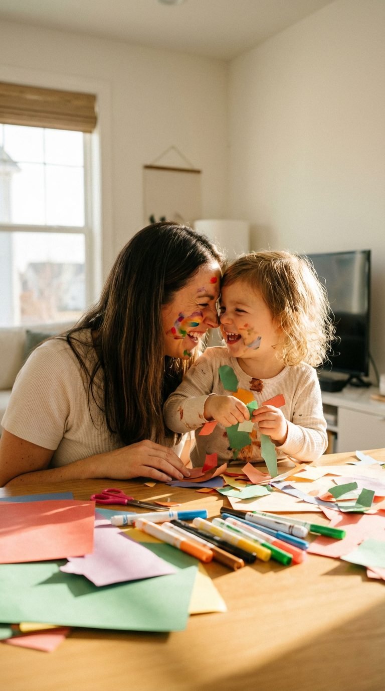 Parent and child crafting together at a table