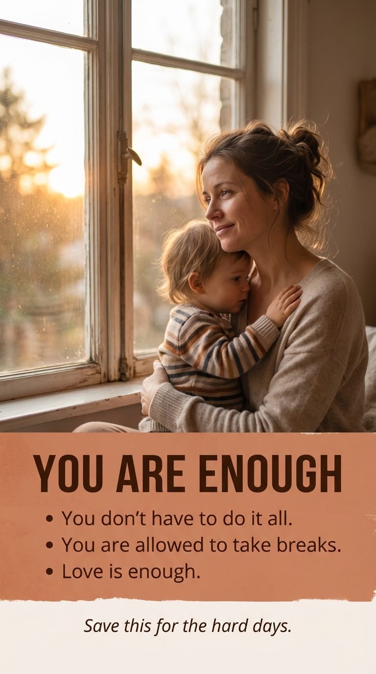 Mother embracing child by the window — you are enough as a mother even when it feels hard.