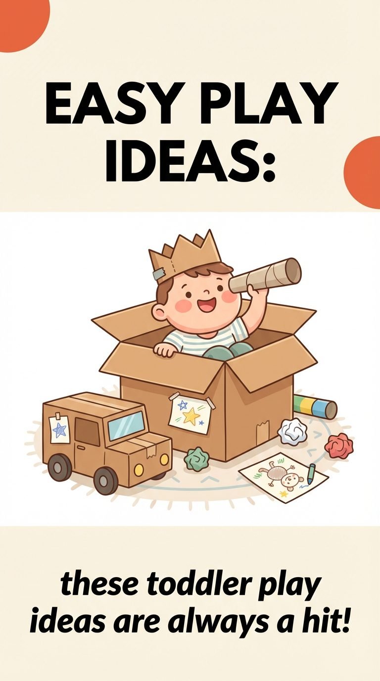 toddler happily playing with cardboard box and paper — toddler play ideas using household items