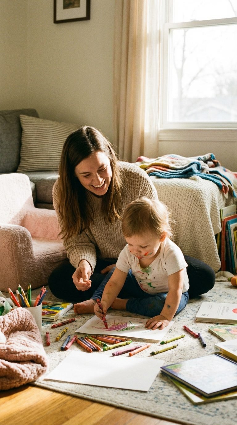 parent playing with toddler using crayons and paper — toddler boredom busters no screens needed