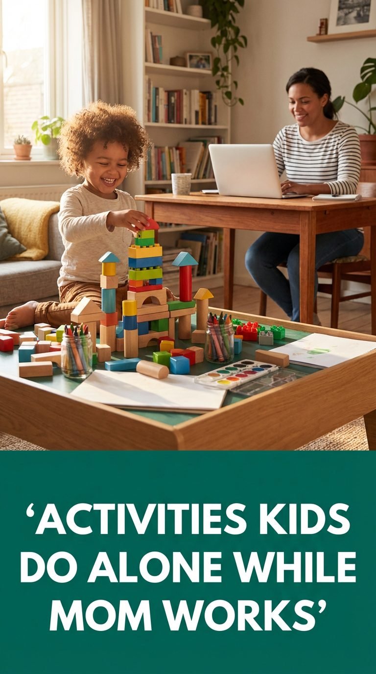Child building blocks while mom works — activities kids do alone while mom works.