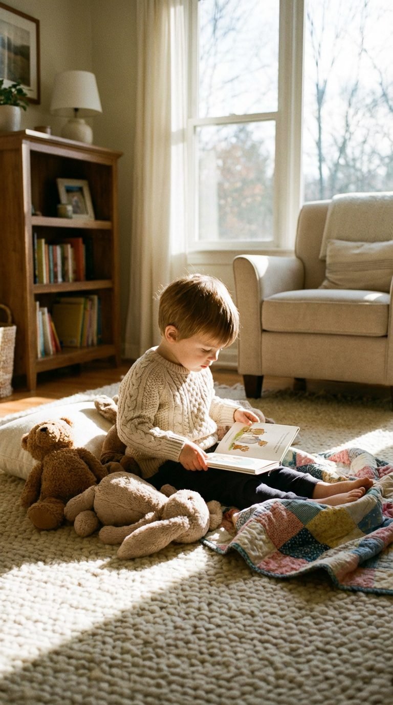 Child enjoying quiet time with a book — toddler quiet time after dropping nap.