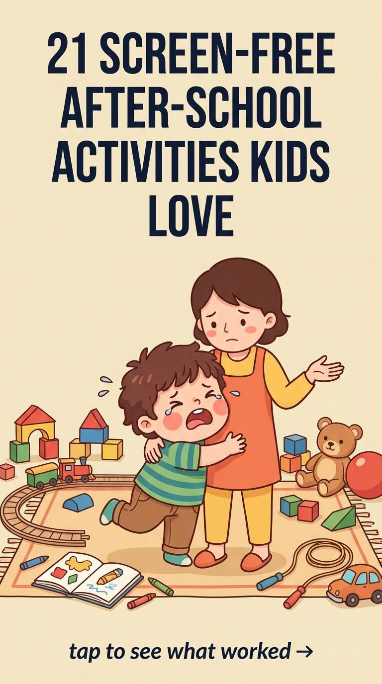 whining child clinging to parent among scattered toys — screen-free after-school activities kids