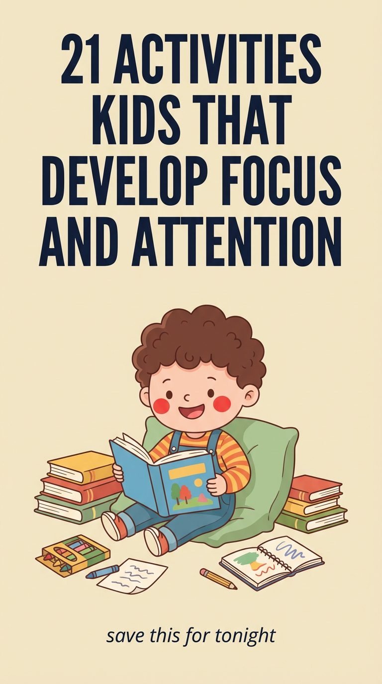 child happily reading a book surrounded by drawing supplies — activities kids that develop focus and attention