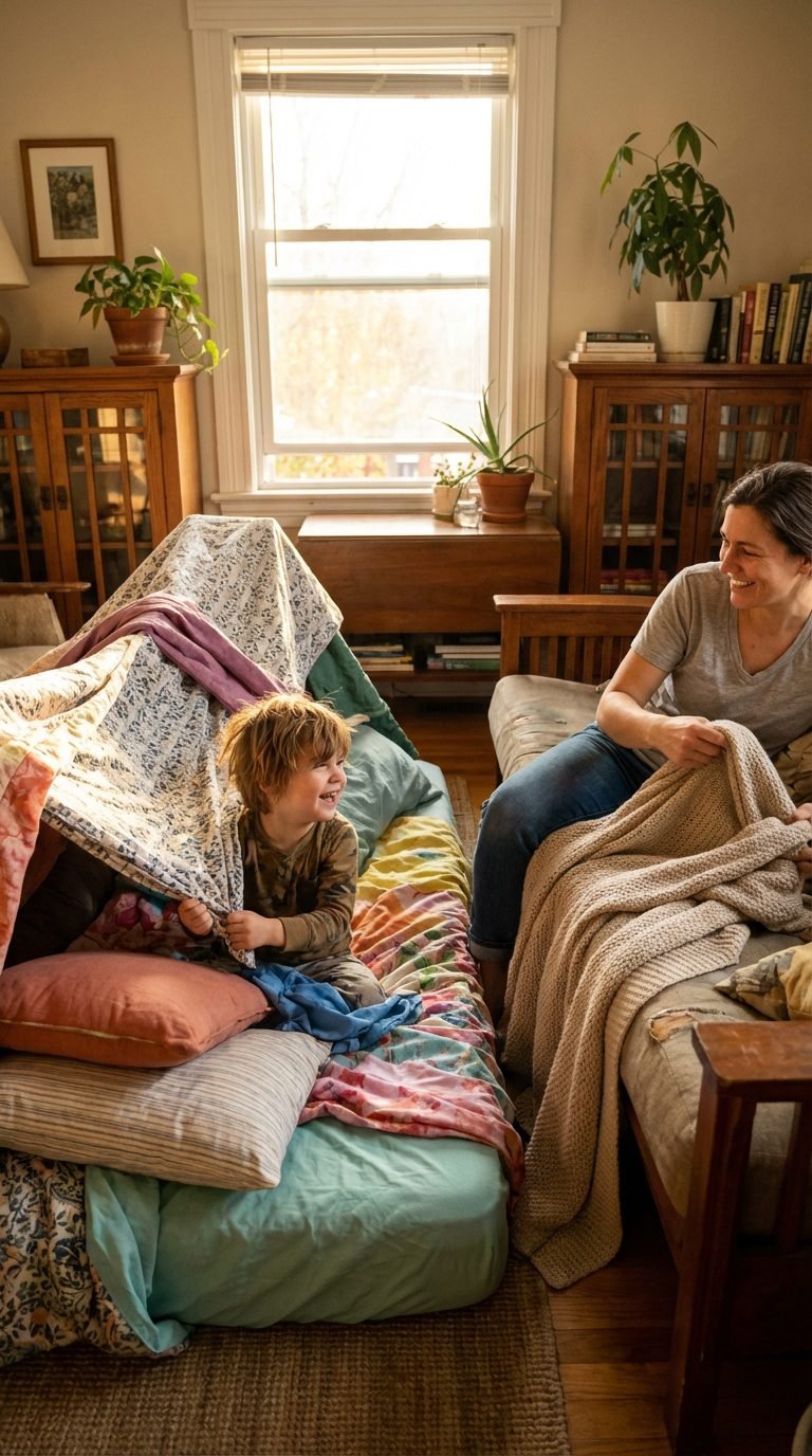 parent and child building a colorful fort together — unplugged activities for kids ages 6-10