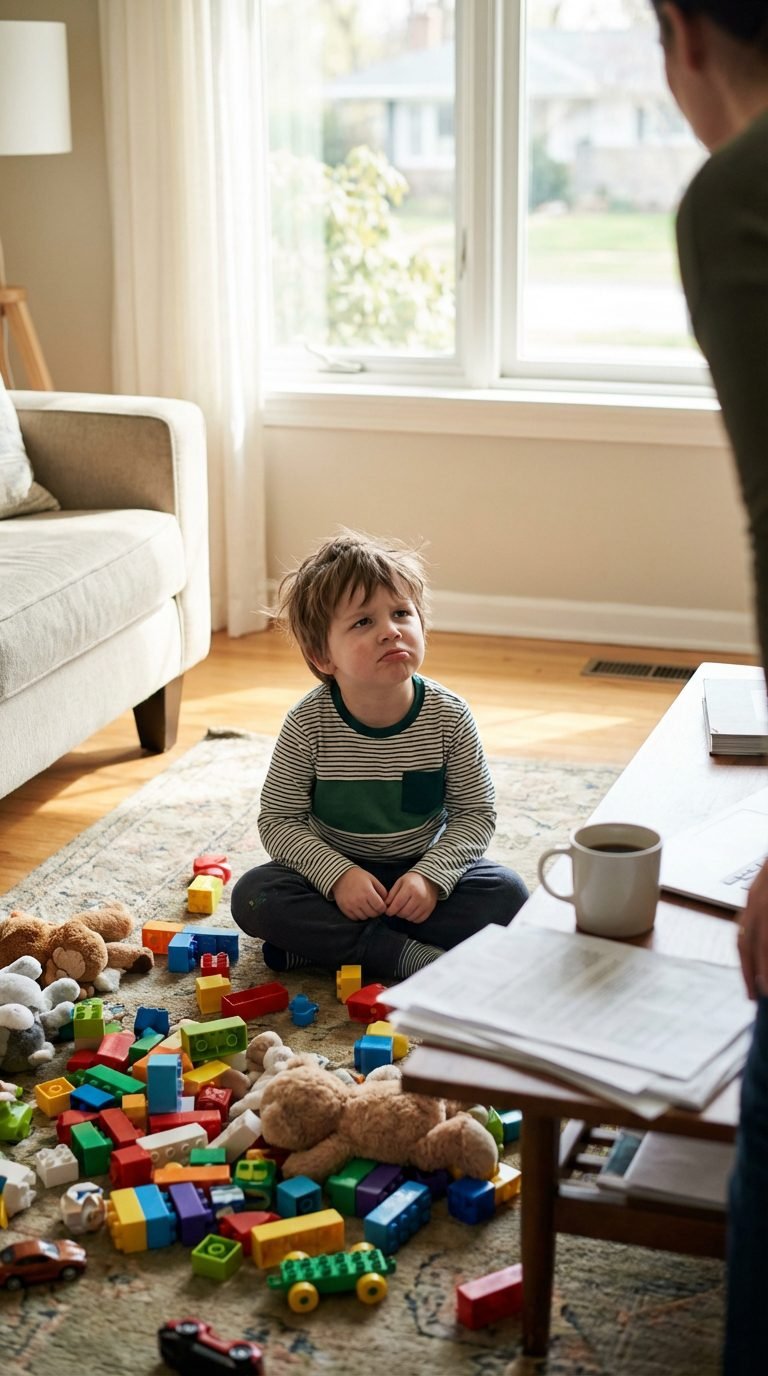 Bored child surrounded by toys — toddler no-screen schedule template