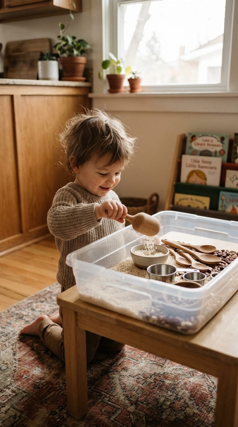 Child playing with a sensory bin — calming screen-free activities for toddlers