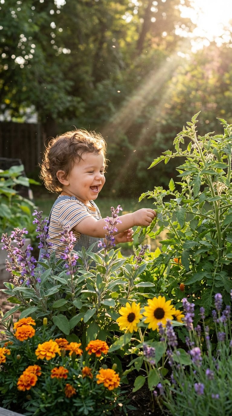 Child exploring plants in the backyard — screen-free activities 1-year-old development