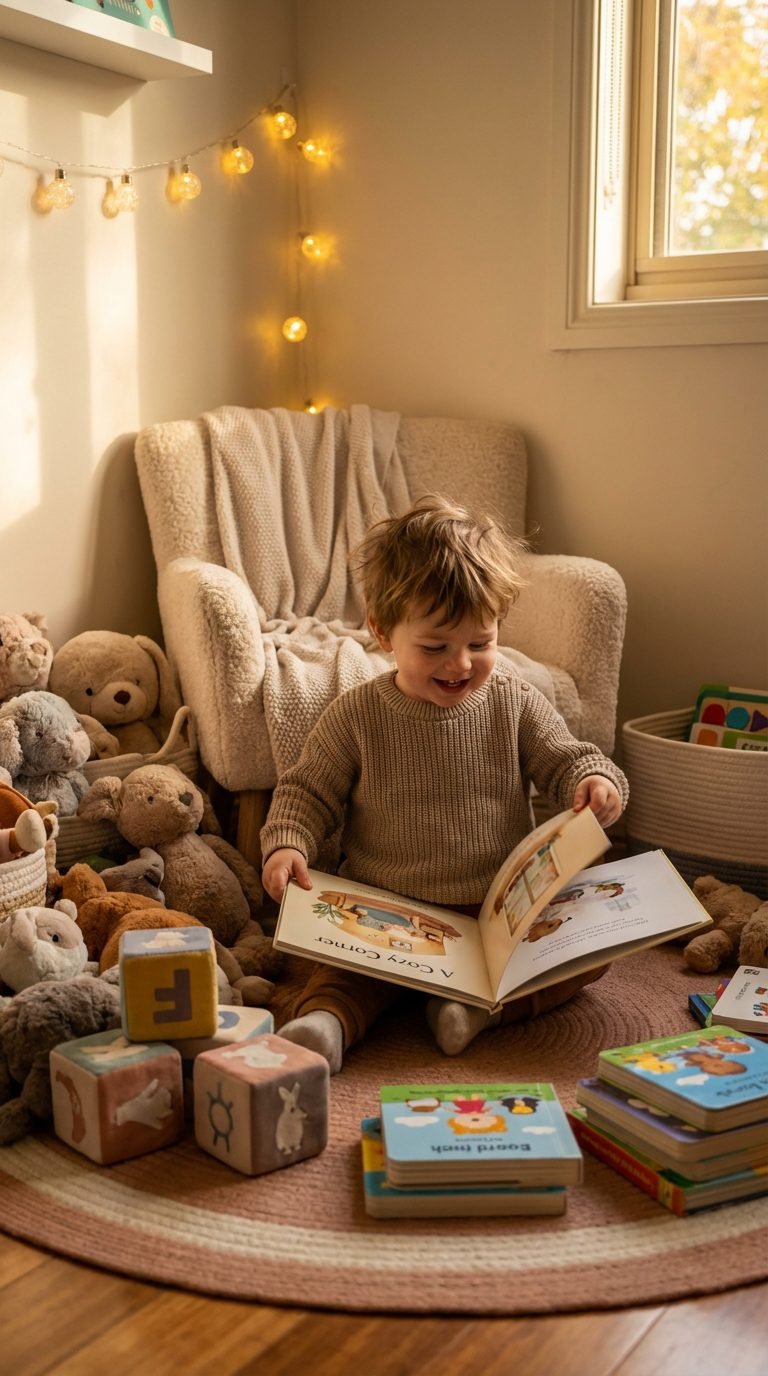 Child reading books in a quiet play corner — screen-free activities for 2-year-olds