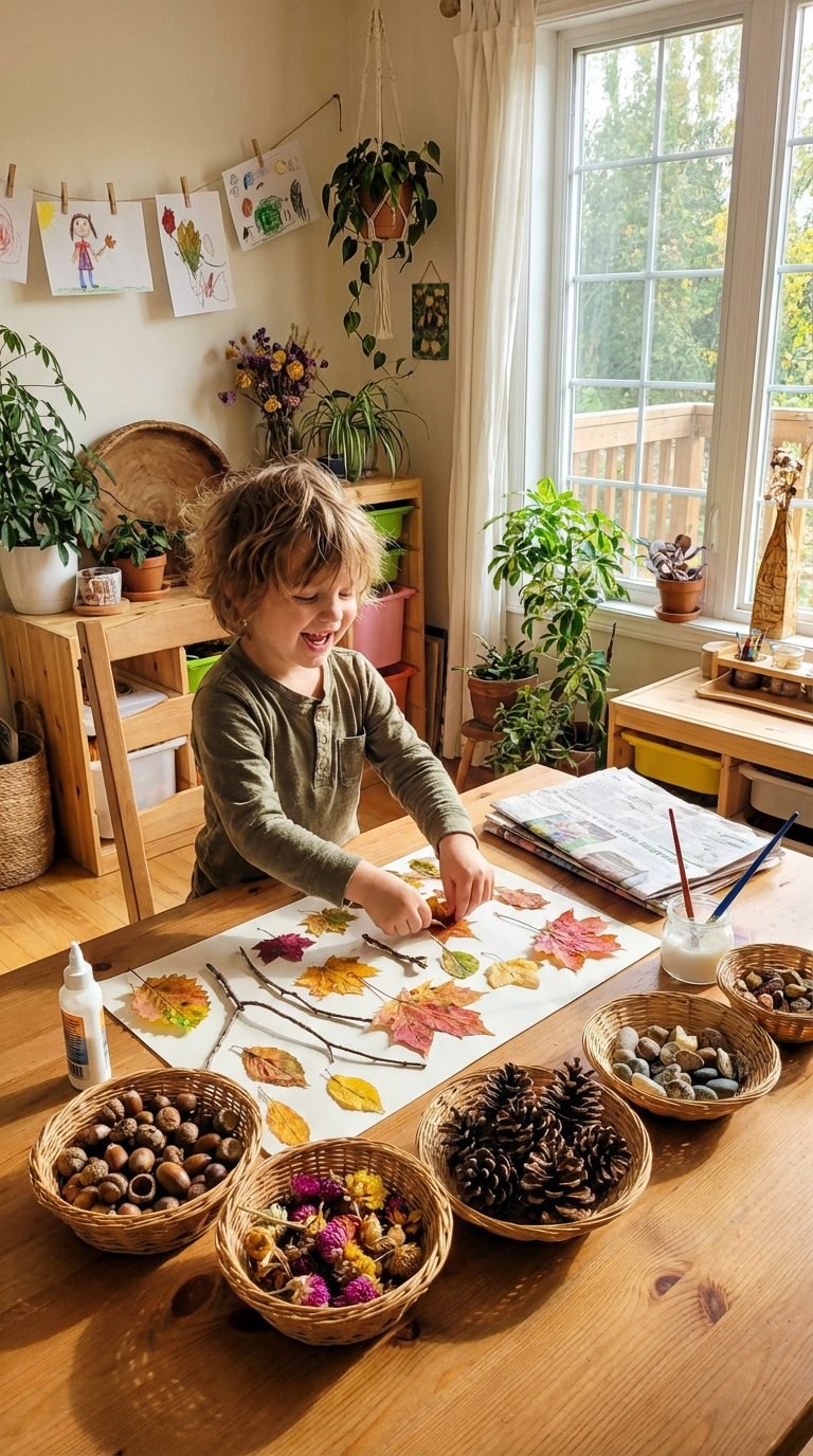 Child making art with natural materials — toddler activities at home without tv