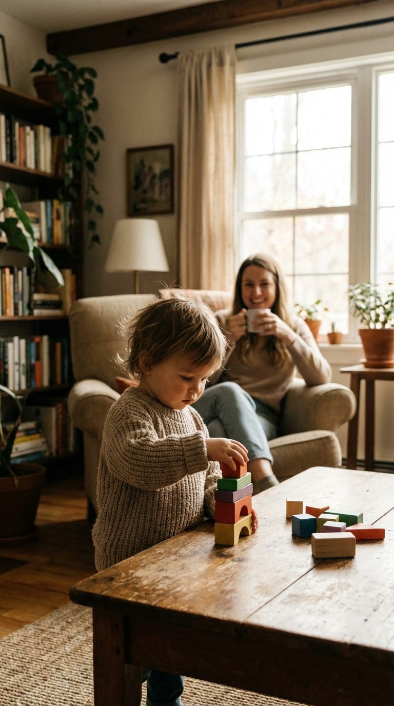 Child playing with wooden blocks in a warm living room setting.