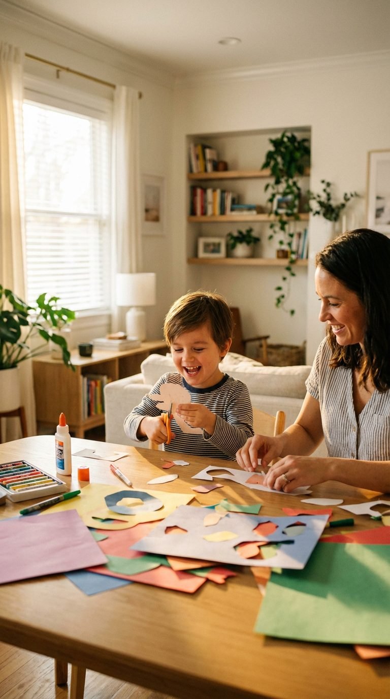 Parent and child crafting together, engaging in paper crafts.