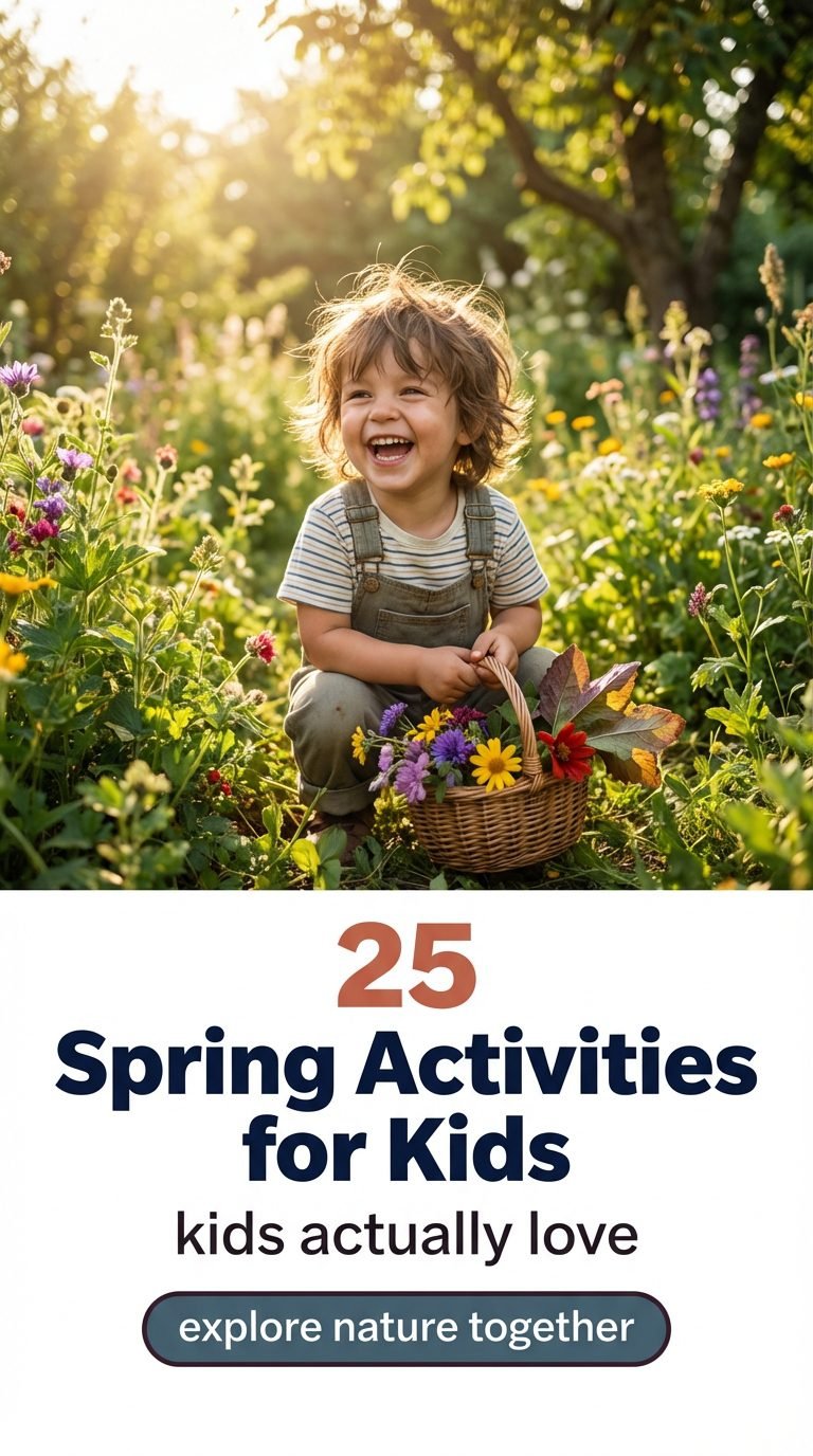 Child exploring a garden during a nature scavenger hunt on a sunny spring day.