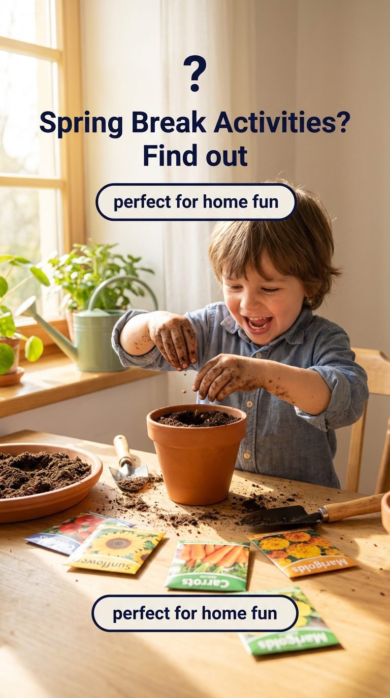 Child planting seeds at home during spring break with soil and seed packets.