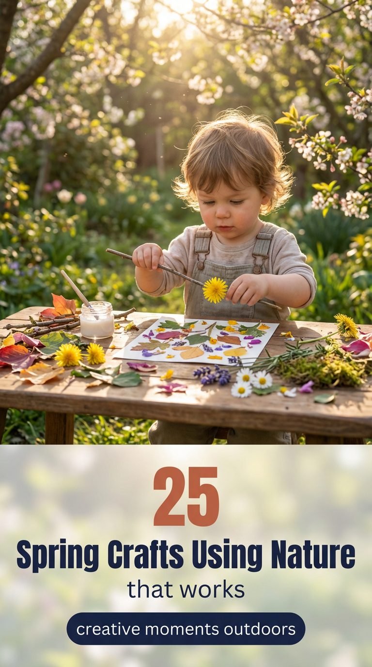 Toddler crafting with leaves and flowers during a sunny spring day.