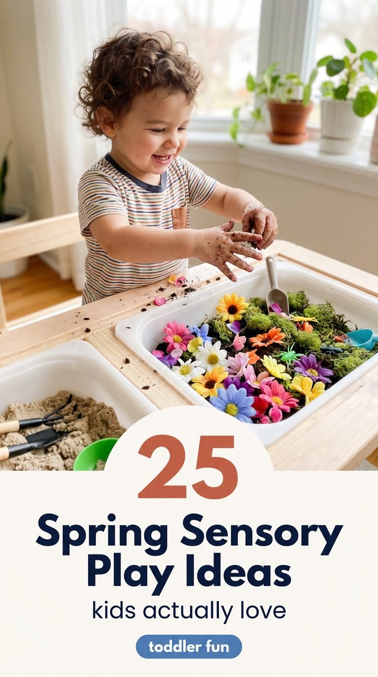 Toddler playing with colorful sensory bins filled with spring materials.
