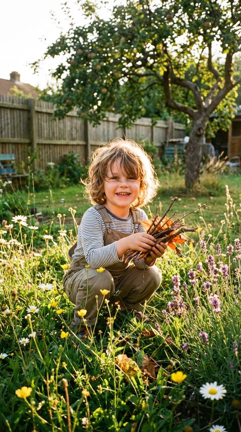 Child enjoying nature by collecting twigs in the backyard during spring.