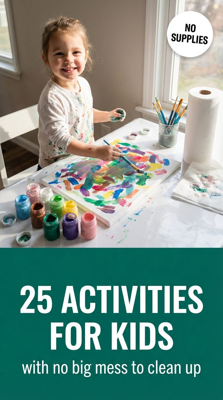 Child happily painting on a canvas with art supplies.