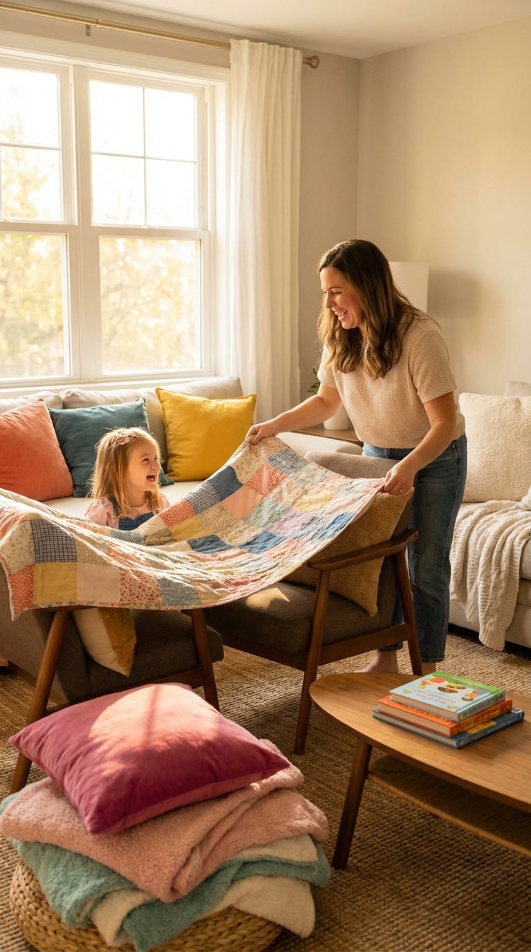 Parent and child building an indoor fort with cushions.