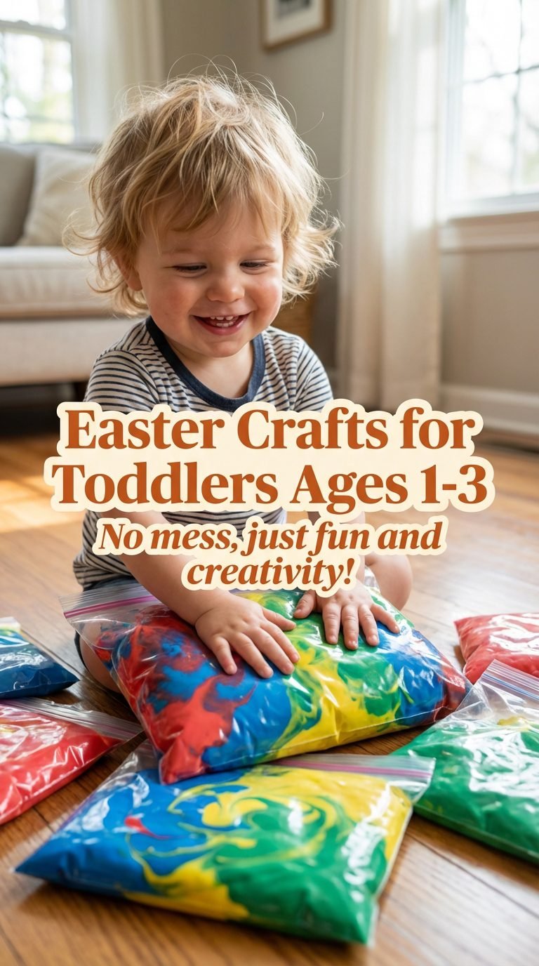 Toddler happily using no-mess Easter paint bags.