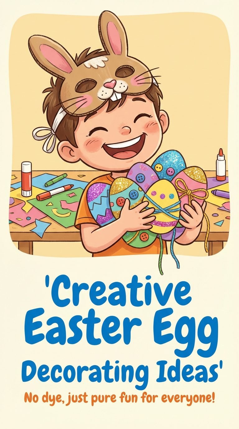 Child wearing a bunny mask with colorful egg decorations.