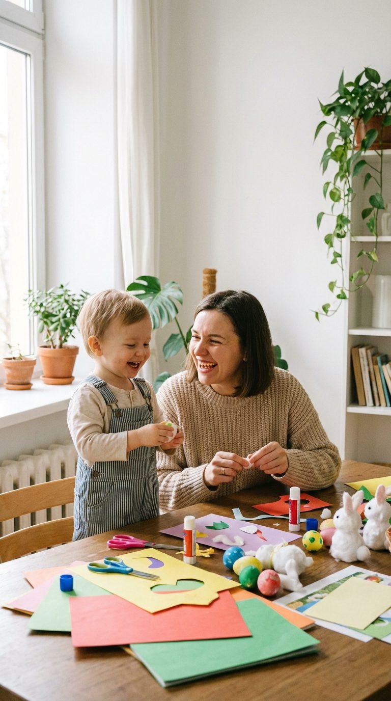 Parent and child crafting Easter decorations at a table.
