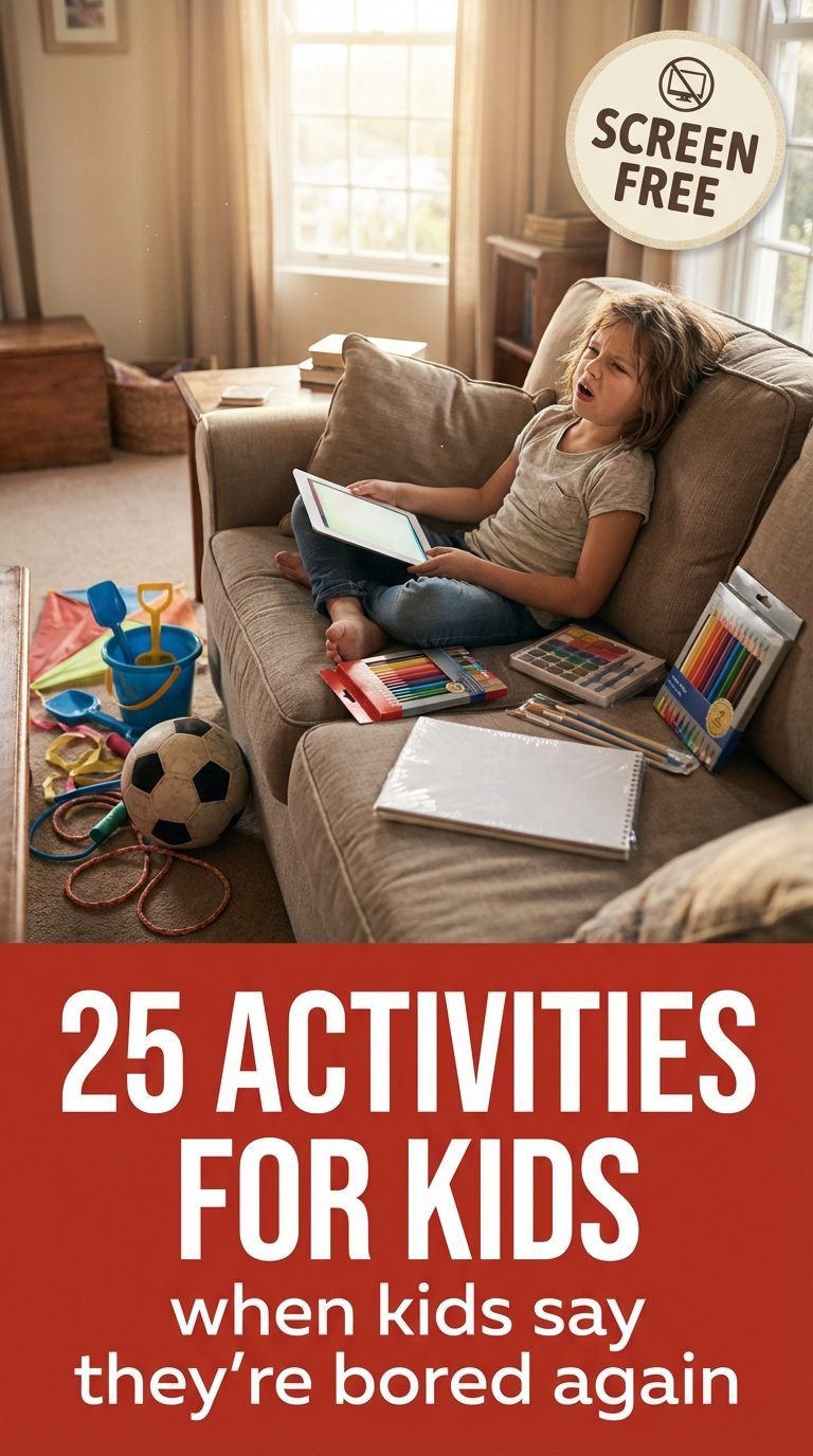 Child frustrated on the couch with a tablet, surrounded by toys.