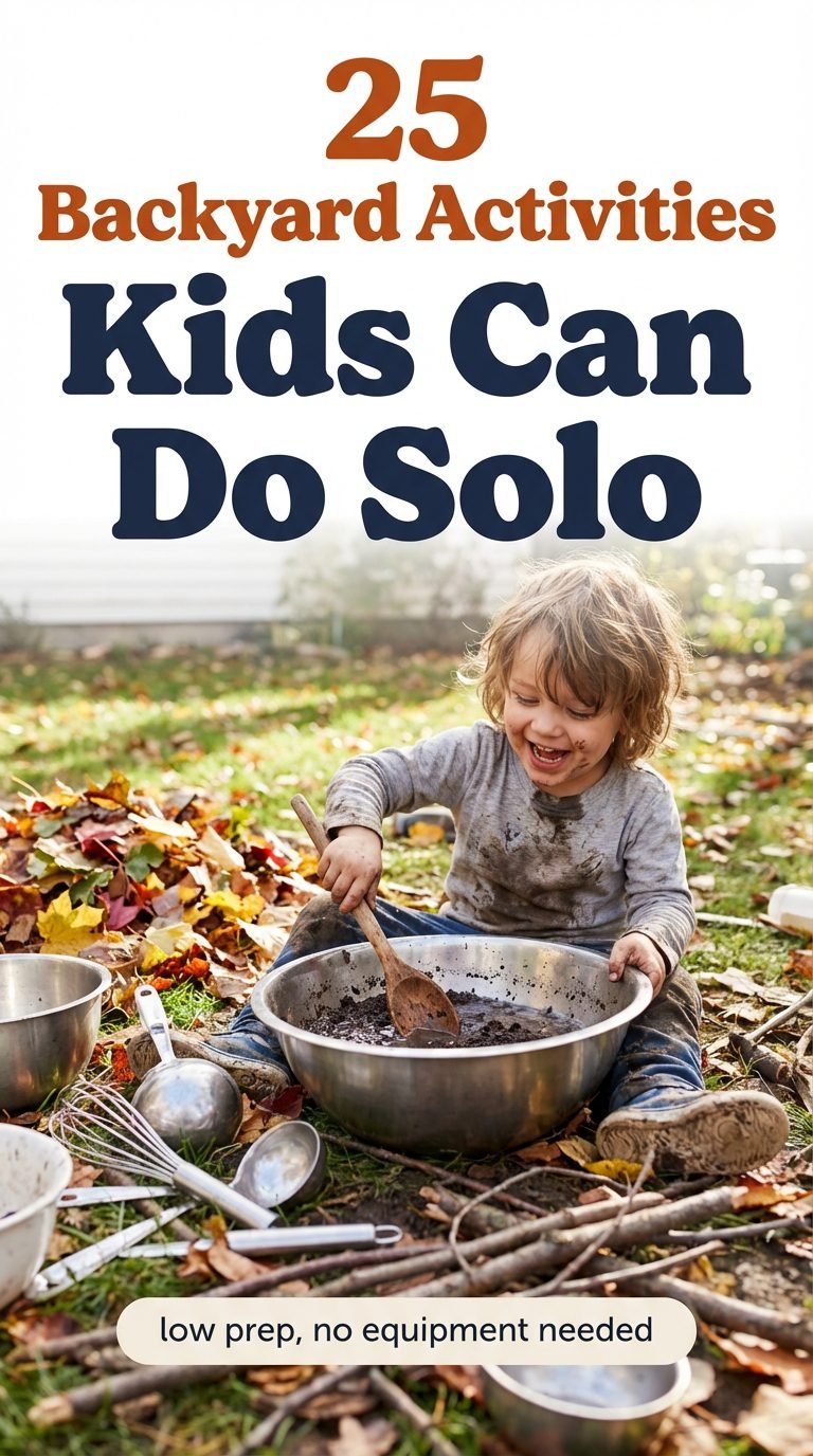 Child playing in a muddy backyard with mixing bowls and utensils.