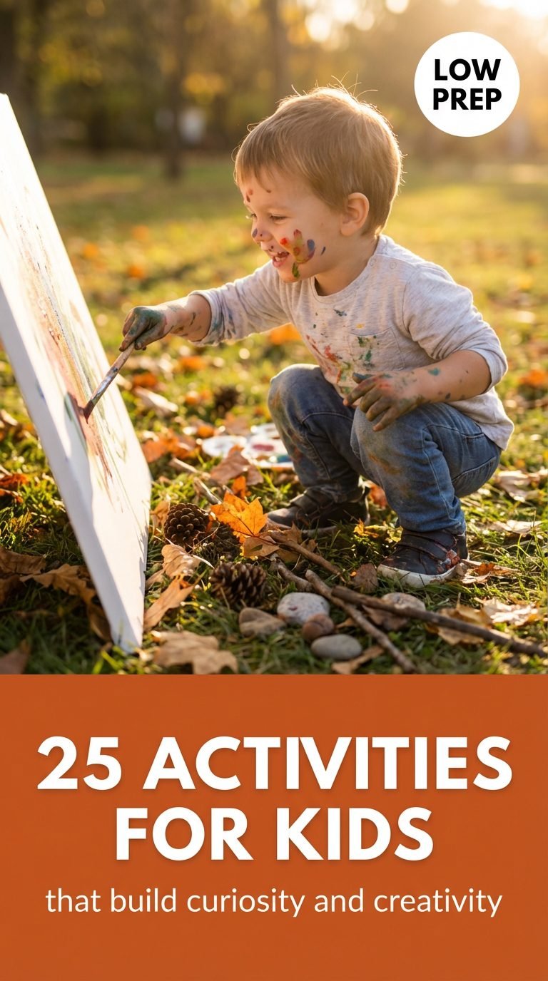 Child painting on canvas outside, surrounded by nature.