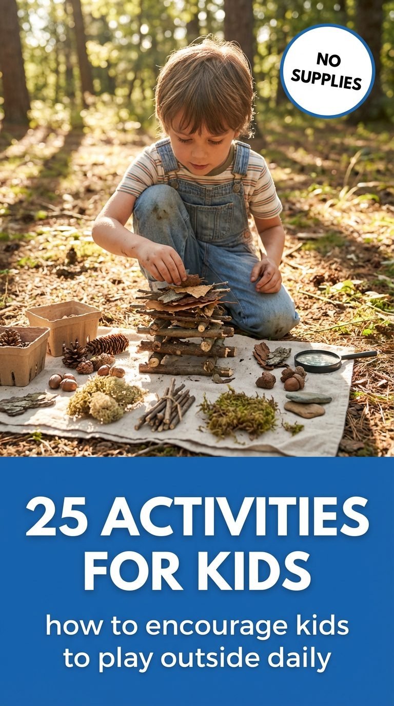 Child focused on building a bug hotel with leaves and twigs.