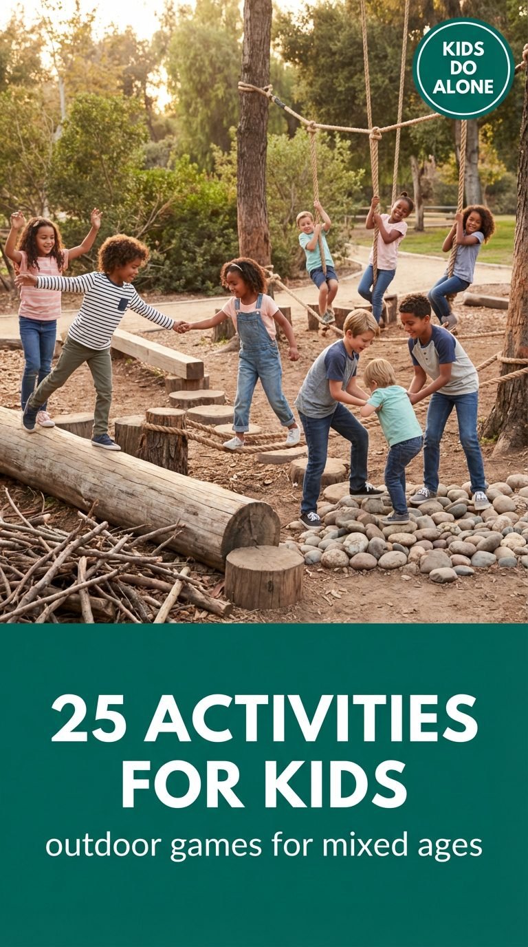 Children playing a nature-themed obstacle course in a park.