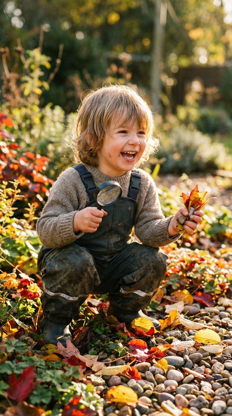 Child exploring the garden with leaves and stones.