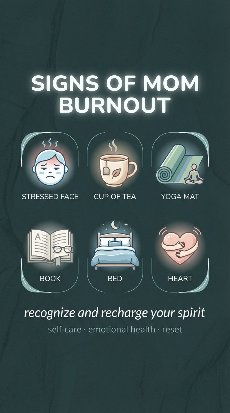 Symbols representing signs of mom burnout and self-care.
