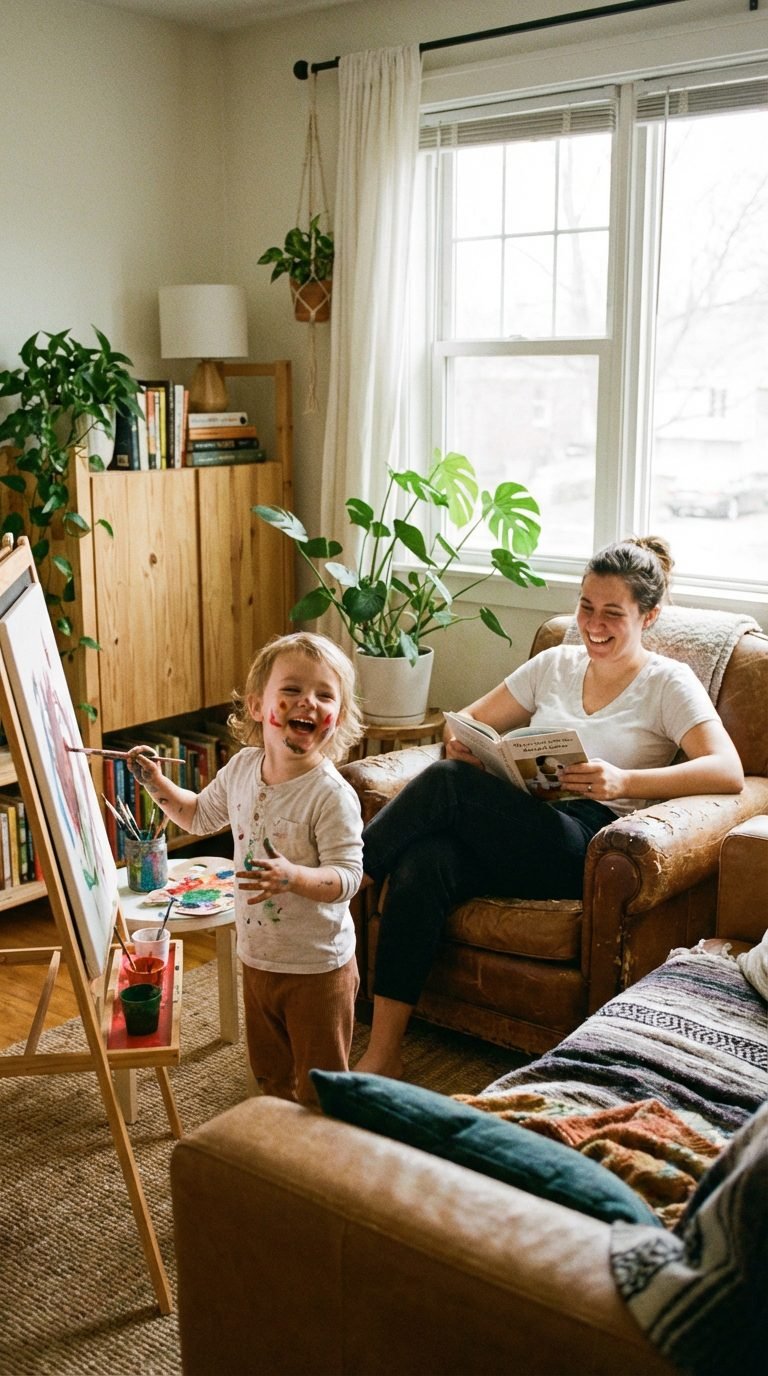 Parent and child painting together in a cozy living room.