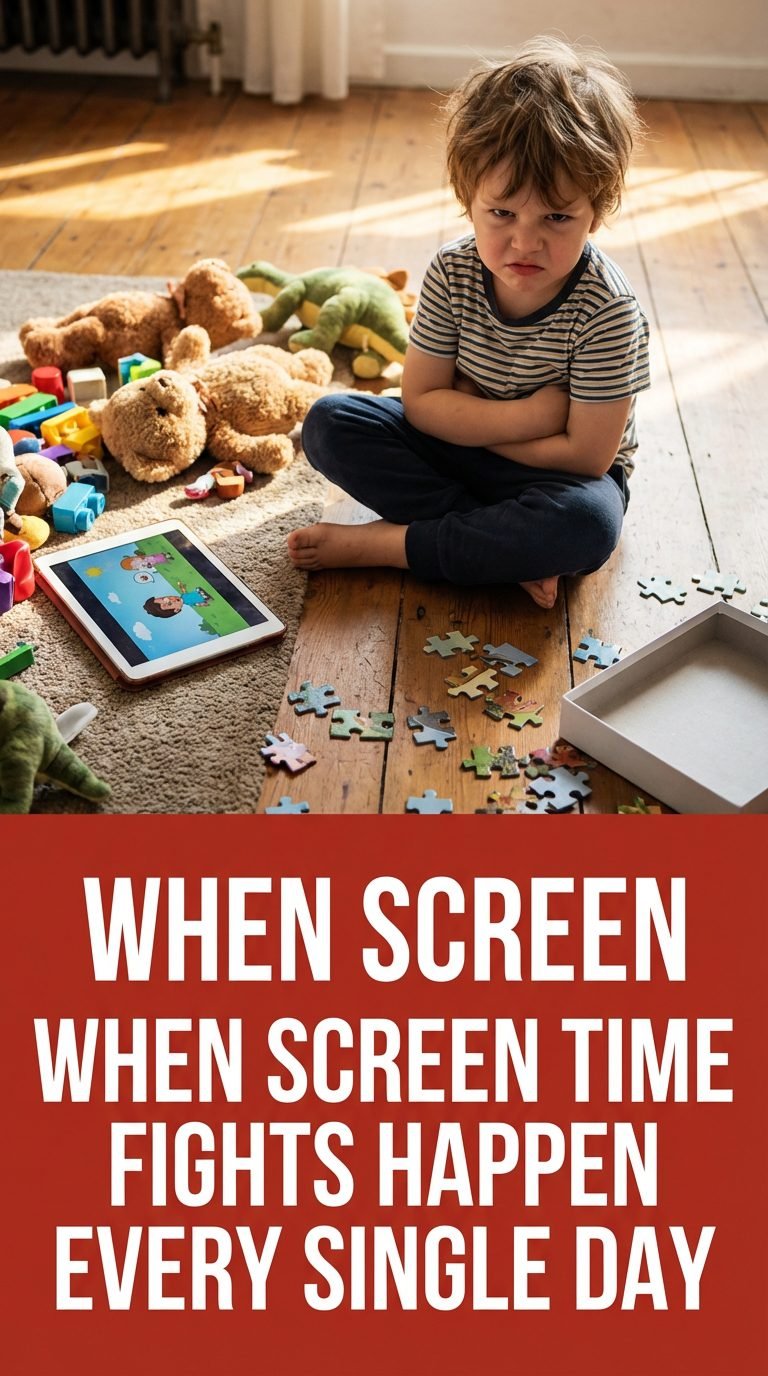 Child frustrated in a messy play area with toys scattered around.