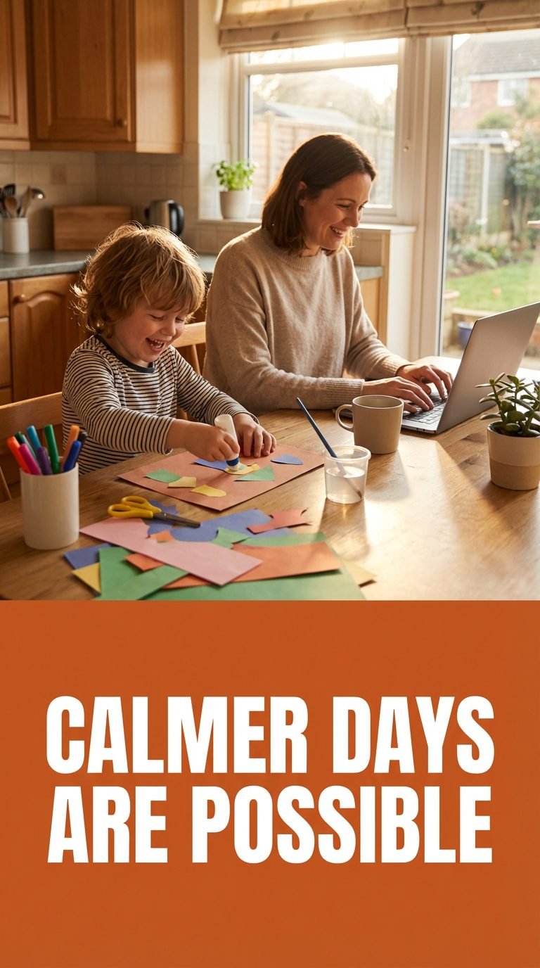 Child doing arts and crafts while parent works from home.