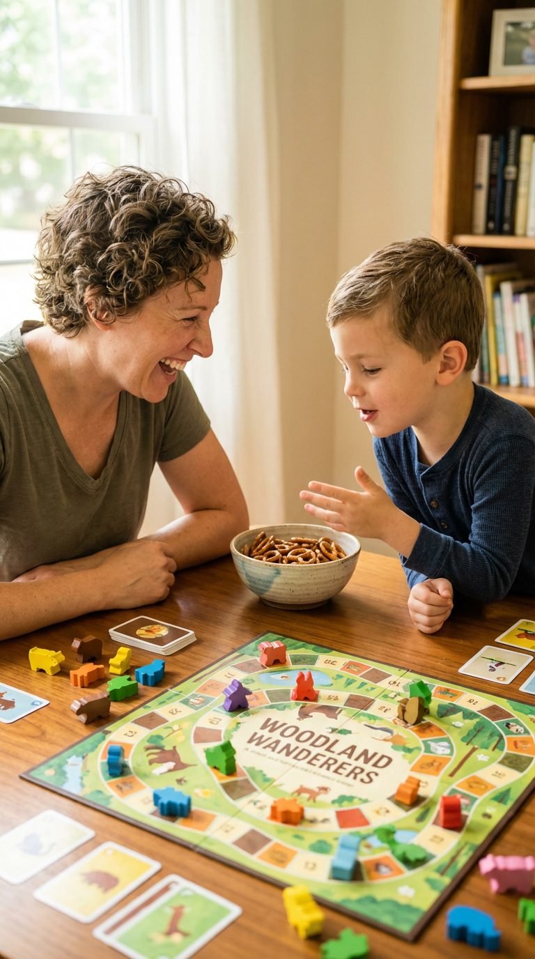 Parent and child playing a board game in a warm home setting.