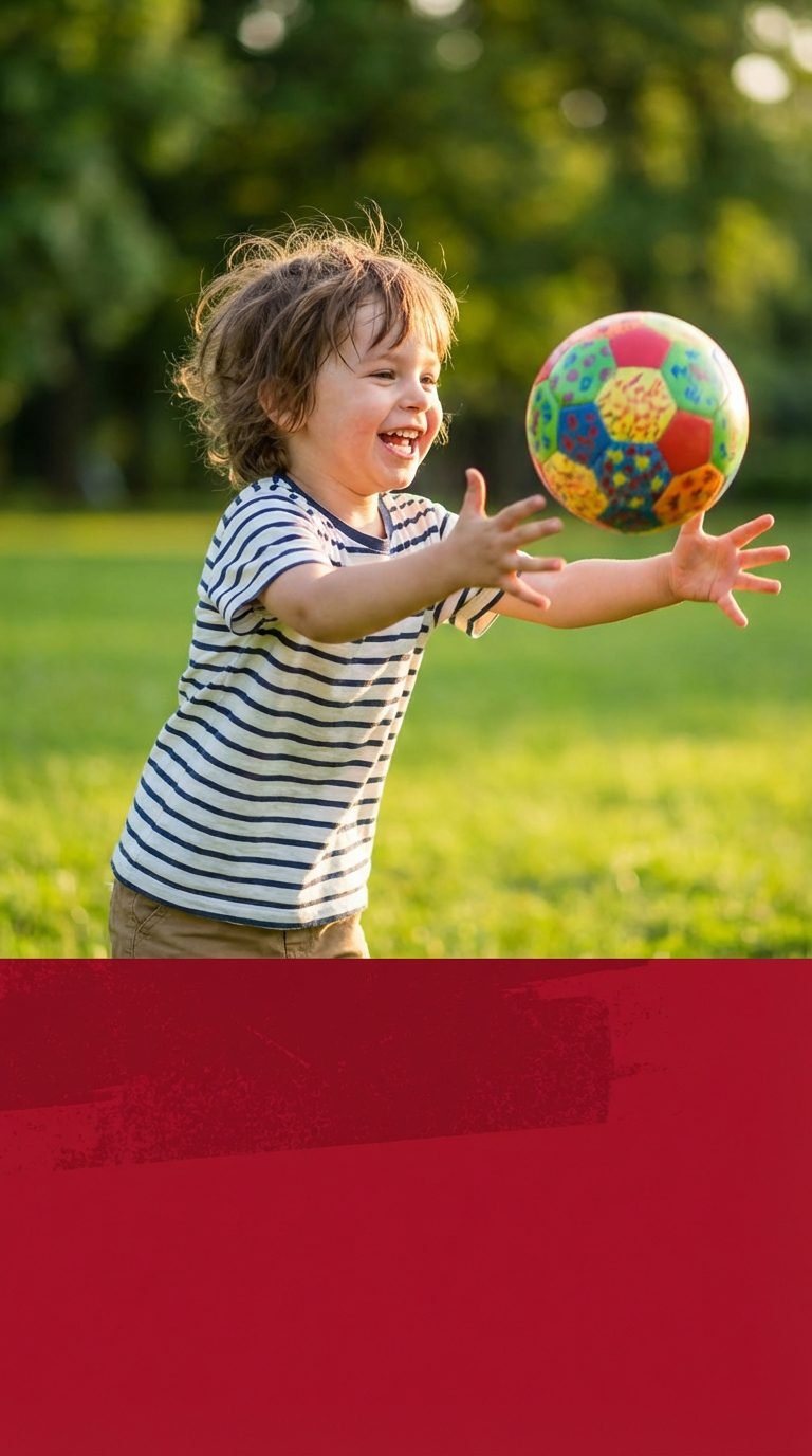 Child playing catch outdoors in a sunny backyard.
