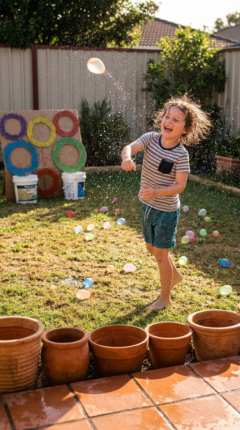 Child playing with water balloons in the backyard.