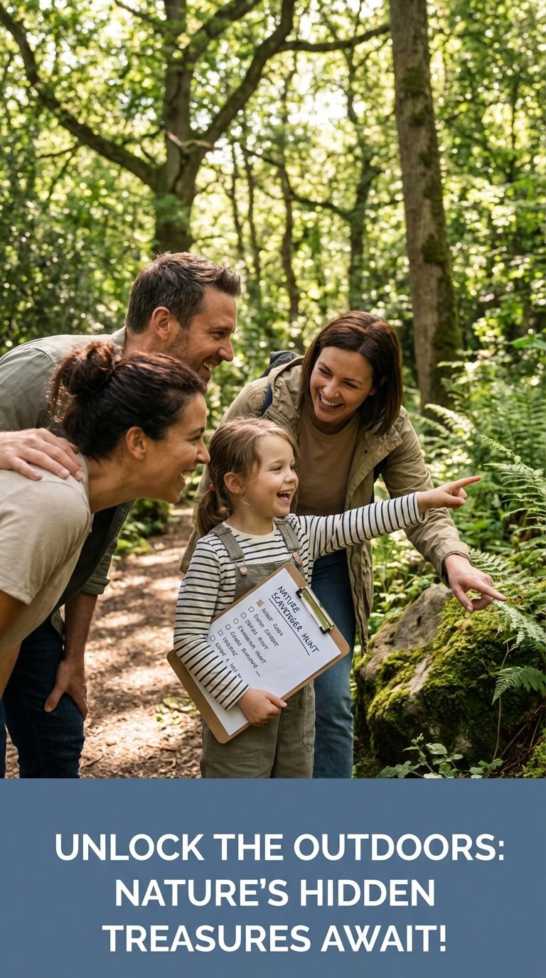 Family participating in a nature scavenger hunt in a park.