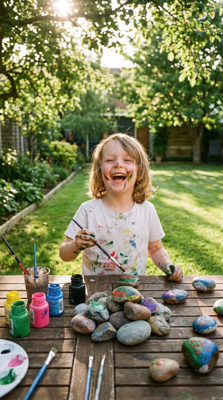 Child painting rocks outdoors in a sunny backyard.