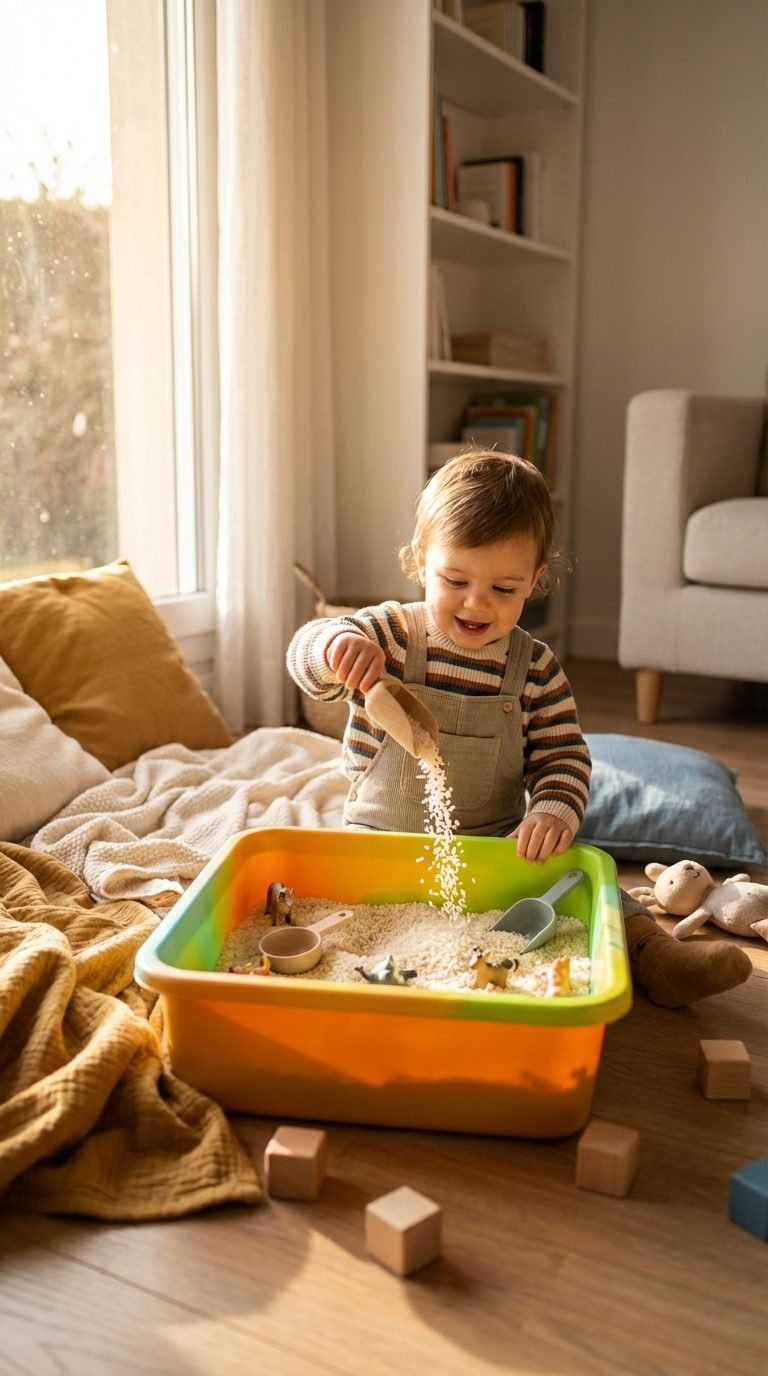 Toddler pouring rice into a sensory bin with scoops